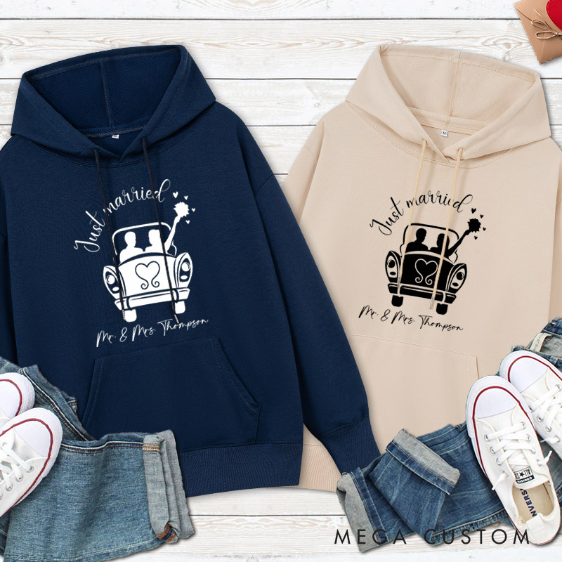 Personalized Romantic Just Married with Wedding Car Wedding Couple Hoodie