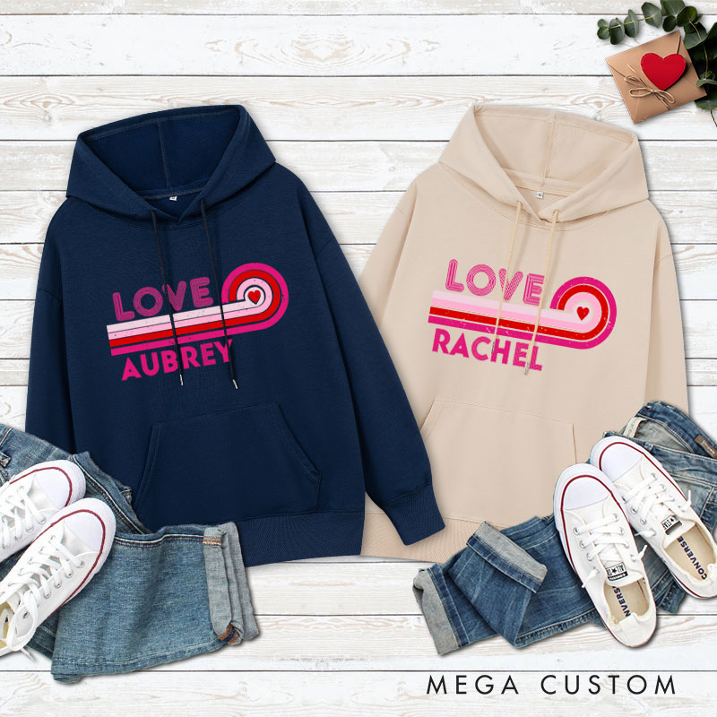 Personalized Couple Retro Love Valentine's Day Hoodie with Name Couple Sweatshirt for Boyfriend Girlfriend Hubby Wifey Husband Wife
