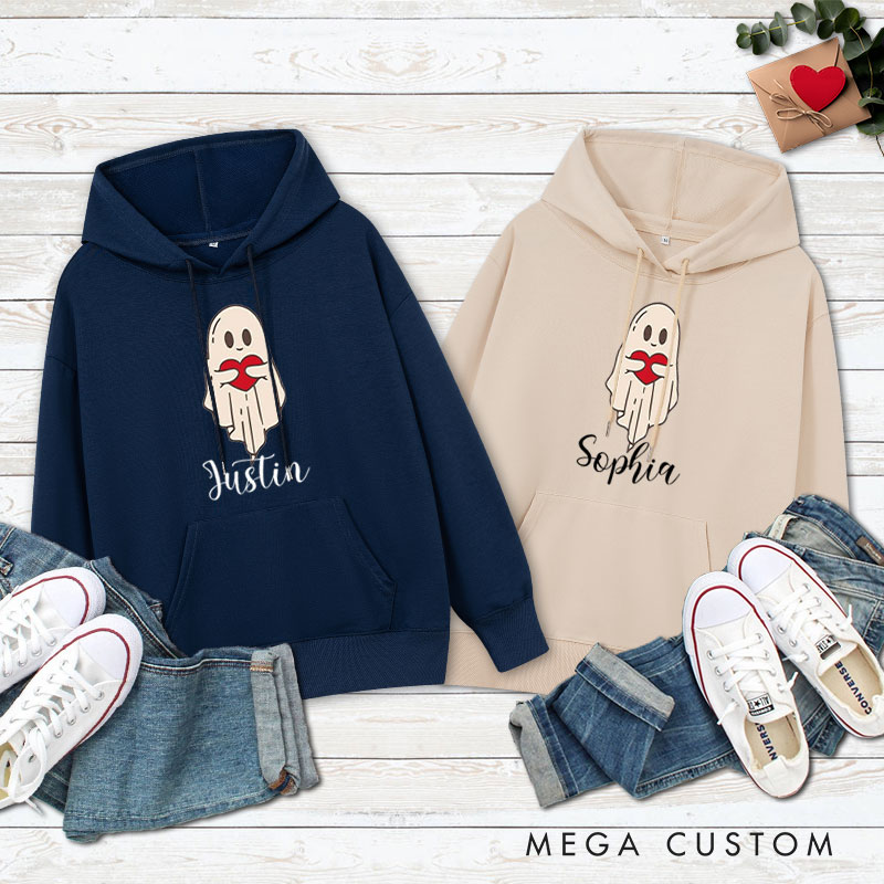 Personalized Couple Ghost Holding a Heart Valentine's Day Hoodie with Name Couple Sweatshirt for Boyfriend Girlfriend Hubby Wifey Husband Wife