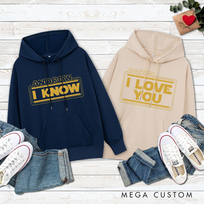 Personalized Couple I Love You and I Know Valentine's Day Hoodie with Name Couple Sweatshirt for Boyfriend Girlfriend Hubby Wifey Husband Wife