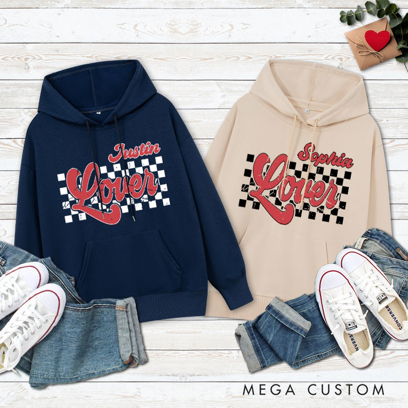 Personalized Couple Retro Checkerboard Lover Valentine's Day Hoodie with Name Couple Sweatshirt for Boyfriend Girlfriend Hubby Wifey Husband Wife