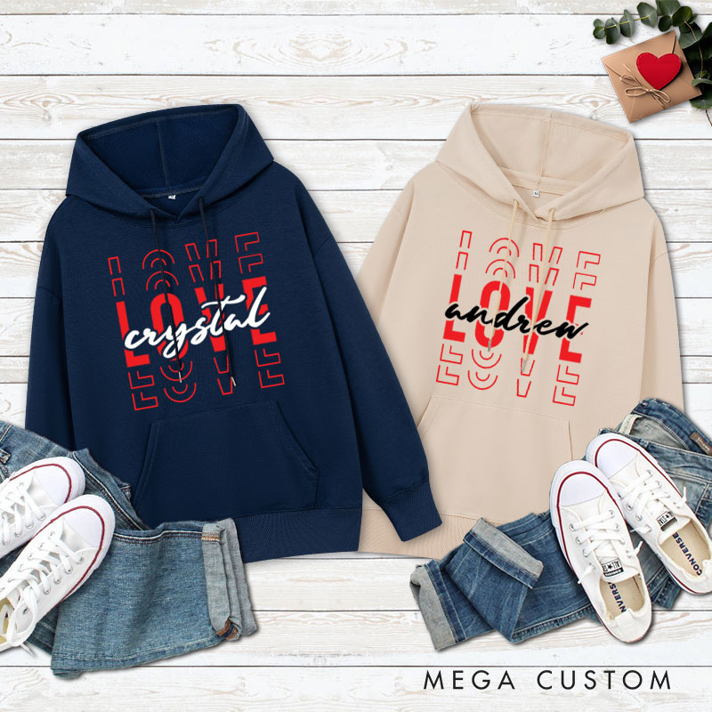 Personalized Couple Love Her and Love His Valentine's Day Hoodie with Name Couple Sweatshirt for Boyfriend Girlfriend Husband Wife Hubby Wifey
