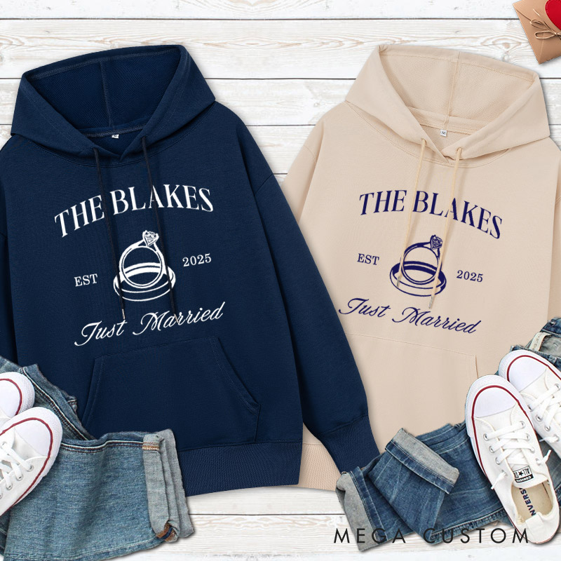 Personalized Elegant Just Married Wedding Rings Newlyweds Wedding Couple Hoodie
