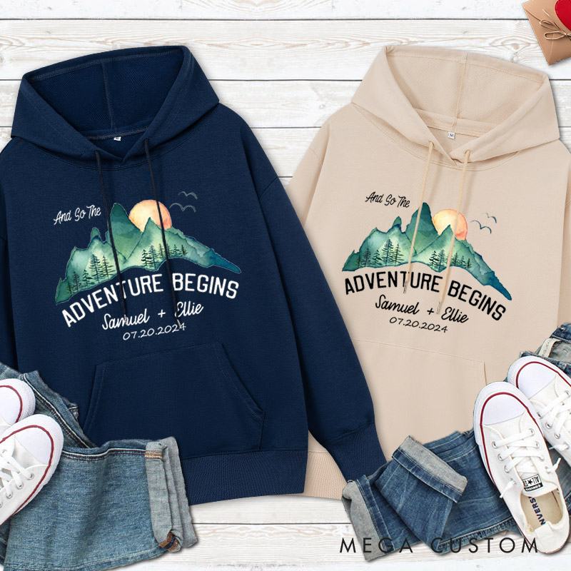 Personalized Scenic And So The Adventure Begins Newlyweds Wedding Couple Hoodie