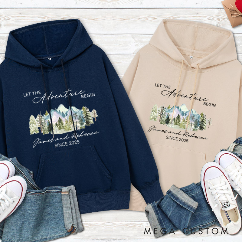 Personalized Mountain Scenic Let the Adventure Begin Newlyweds Wedding Couple Hoodie