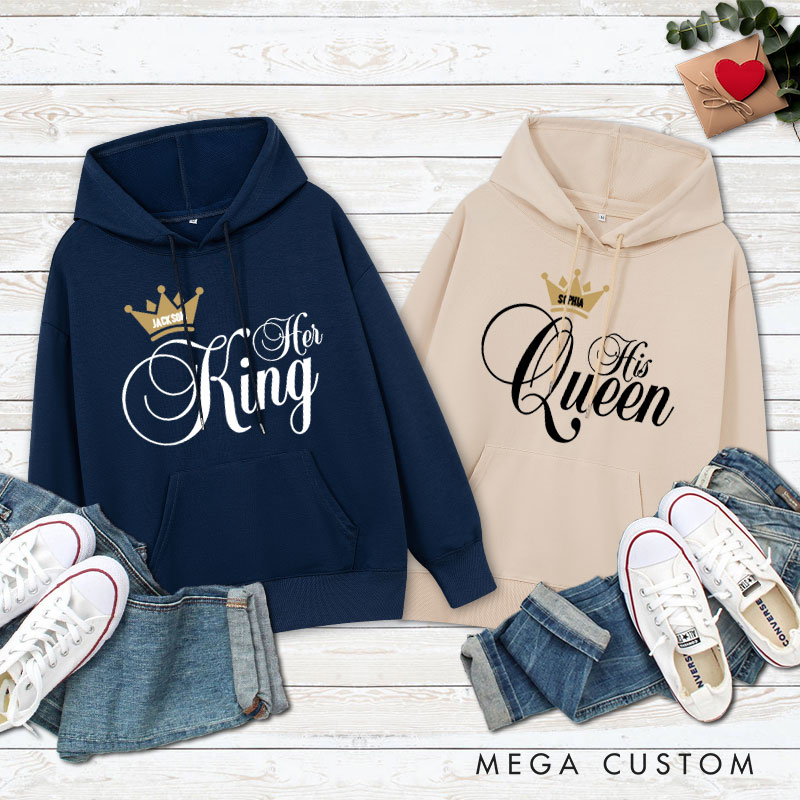 Personalized Couple Her King and His Queen Valentine's Day Hoodie with Name Couple Sweatshirt for Boyfriend Girlfriend Husband Wife