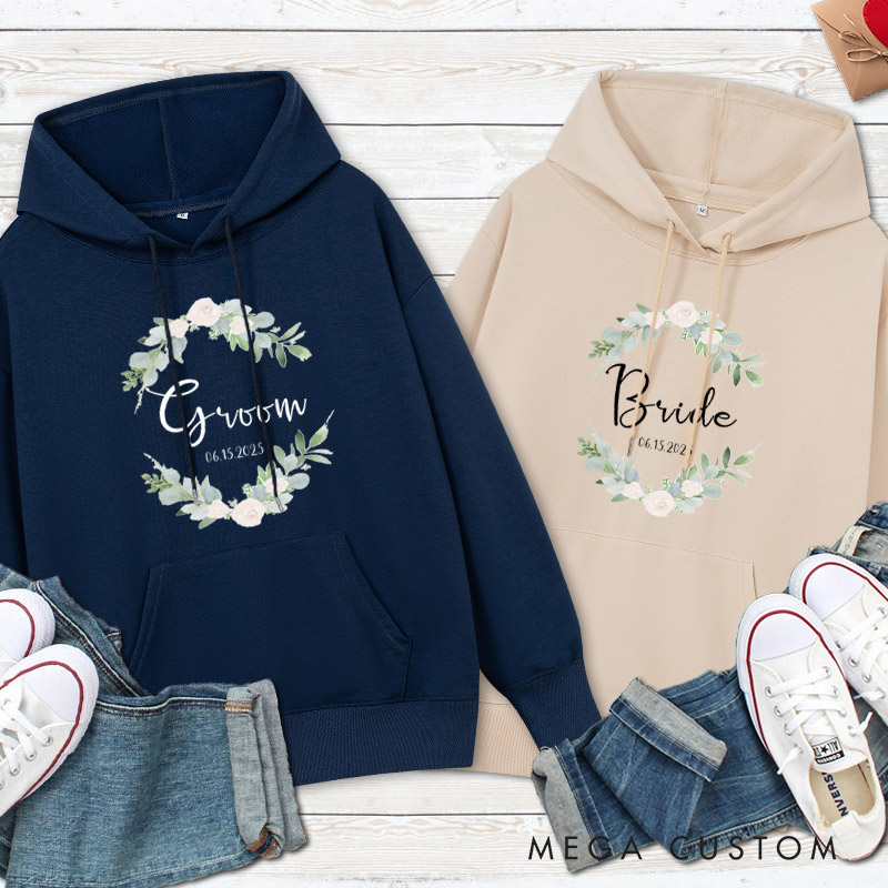 Personalized Elegant Floral Wreath Bride and Groom Matching Wedding Couple Hoodie