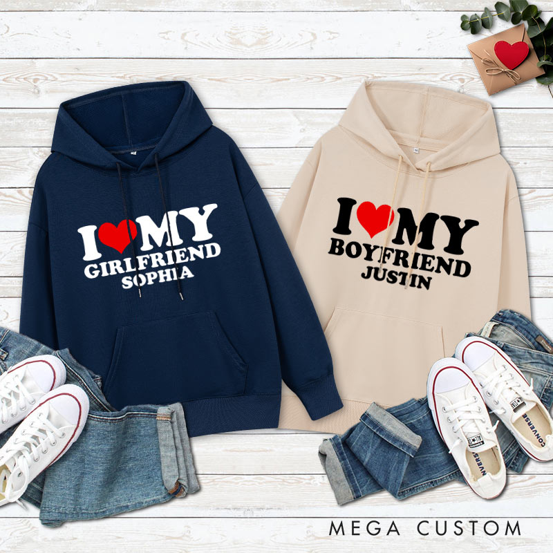 Personalized Couple I Love My Girlfriend Valentine's Day Hoodie with Name Couple I Love My Boyfriend Sweatshirt for Boyfriend Girlfriend Husband Wife
