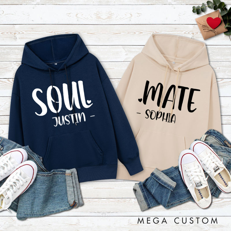 Personalized Couple Soul and Mate Valentine's Day Hoodie with Name Couple Soulmate Sweatshirt for Boyfriend Girlfriend Husband Wife