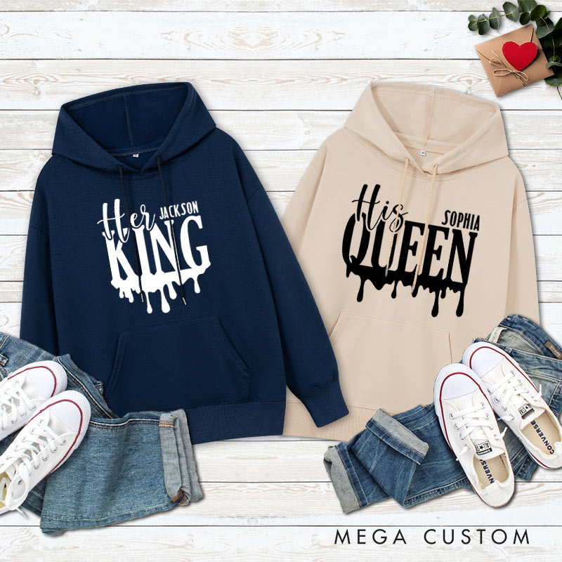 Personalized Couple Minimalist Her King and His Queen Valentine's Day Hoodie with Name Couple Sweatshirt for Boyfriend Girlfriend Husband Wife