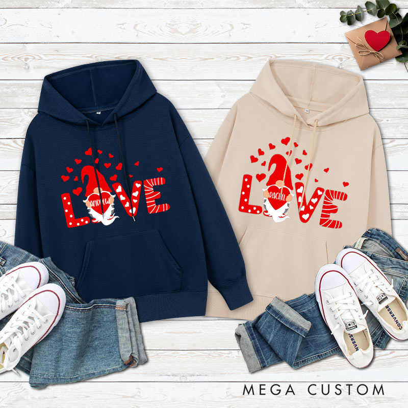 Personalized Couple Red Gnome with Heart Valentine's Day Hoodie with Name Couple Sweatshirt for Boyfriend Girlfriend Husband Wife