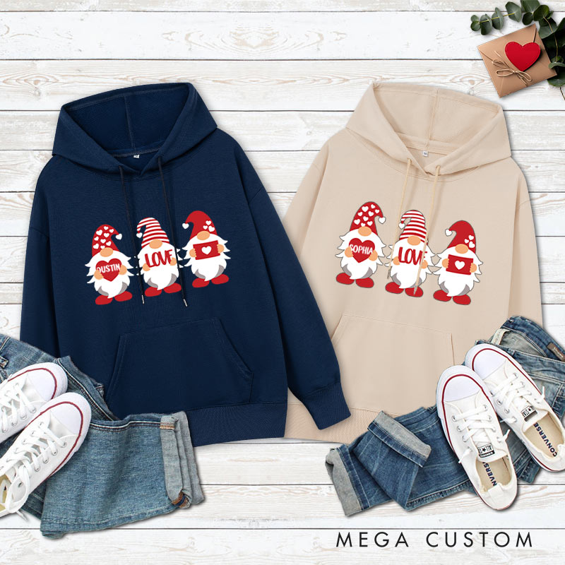 Personalized Red Gnome Couple Holding Hearts Hoodie Couple Valentine's Day Sweatshirt for Boyfriend Girlfriend Husband Wife