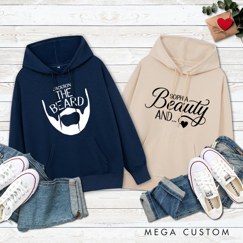 Personalized Couple The Beard and The Beauty Hoodie Couple Valentine's Day Sweatshirt for Boyfriend Girlfriend Husband Wife