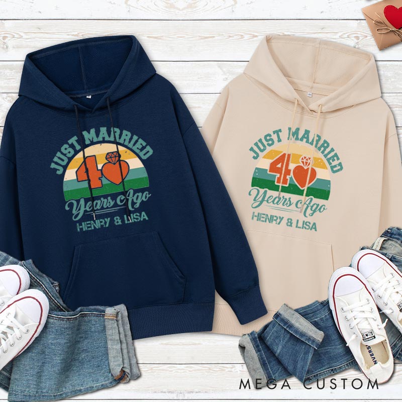 Personalized Just Married 40 Years Ago Retro Hoodie Couple Wedding Anniversary Outfit for Her Him Anniversary Hoodie for Wife Husband