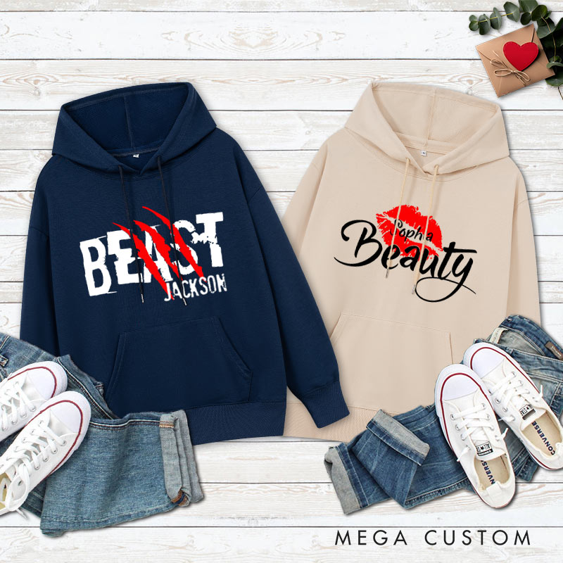 Personalized Couple Beast with Claw and Beauty with Kiss Hoodie Couple Valentine's Day Sweatshirt for Boyfriend Girlfriend Husband Wife