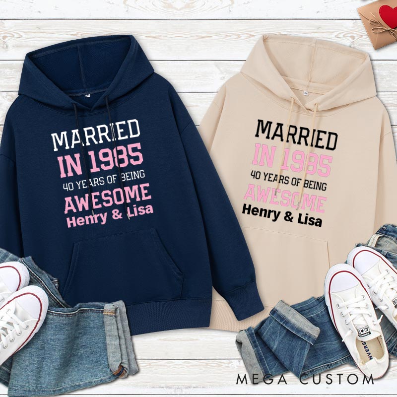 Personalized Married in 1985 40 Years of Awesome Hoodies Couple Anniversary Wedding Outfit for Her Him Anniversary Hoodie for Wife Husband