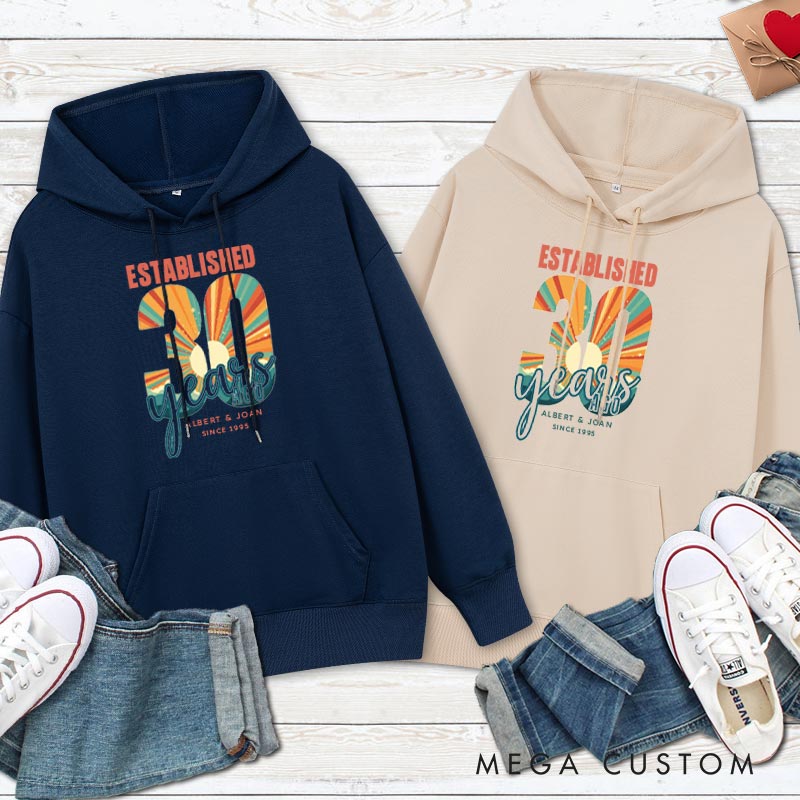 Personalized Established 30 Years Anniversary Hoodie Vintage 30th Anniversary Hoodie for Couple Retro Anniversary Outfit for Wife Husband