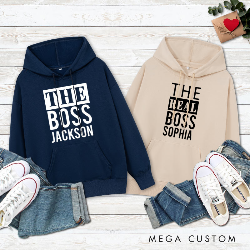 Personalized Couple Minimalist The Boss and The Real Boss Hoodie with Name Couple Valentine's Day Sweatshirt for Boyfriend Girlfriend Husband Wife