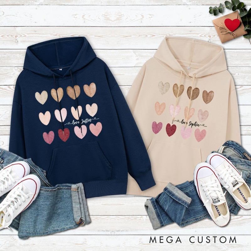 Personalized Couple Gradient of Heart Hoodie with Name Couple Valentine's Day Sweatshirt for Boyfriend Girlfriend Husband Wife