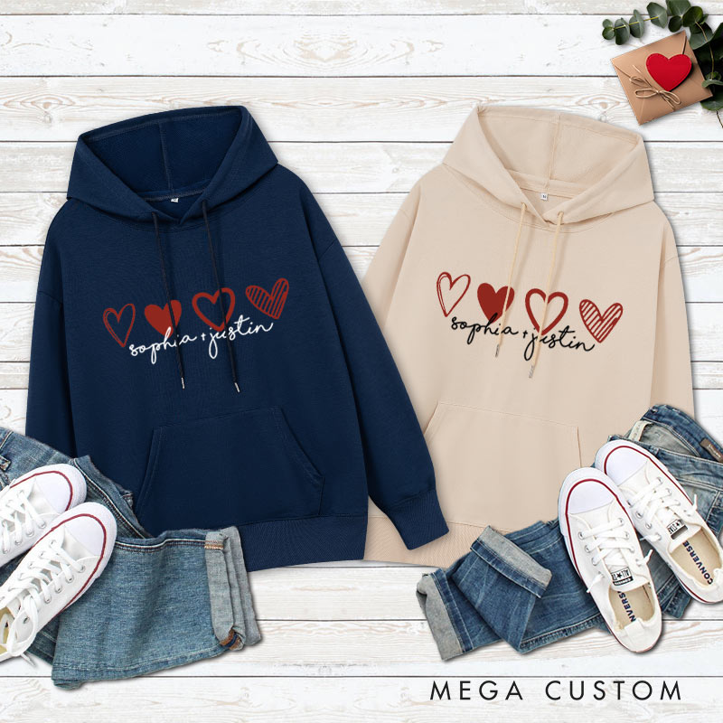 Personalized Couple 4 Red Hearts Valentine's Day Hoodie with Name Couple Sweatshirt for Boyfriend Girlfriend Husband Wife
