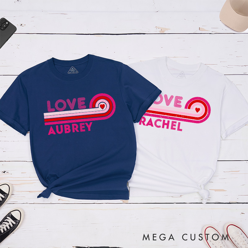 Personalized Retro Couple Pink Love with Heart Matching T-Shirt Valentine's Day Hubby and Wifey T-Shirt for Husband Wife Boyfriend Girlfriend Gift
