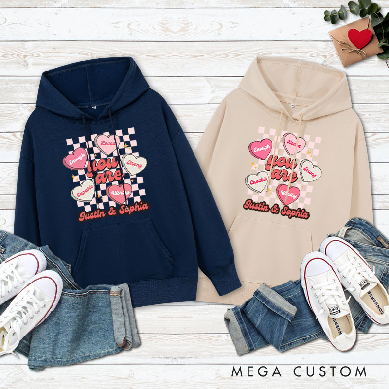 Personalized Couple Checkerboard Sweet Candy Heart Hoodie Couple You Are Mine Valentine's Day Sweatshirt for Boyfriend Girlfriend Husband Wife