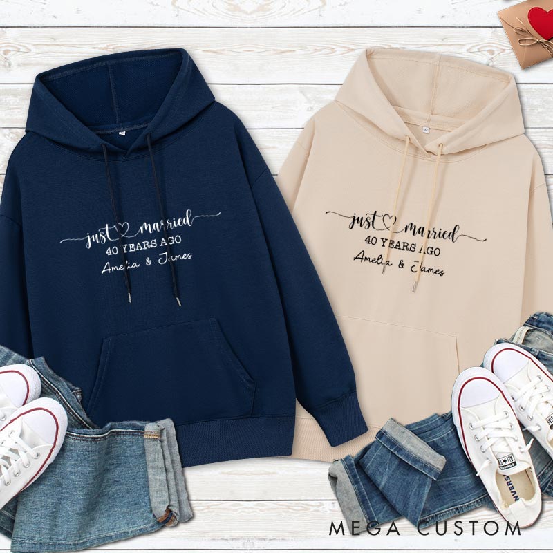 Personalized Just Married 40 Years Ago Anniversary Hoodie Husband Wife Wedding Anniversary Outfit Couple Marriage Hoodie For Her Him
