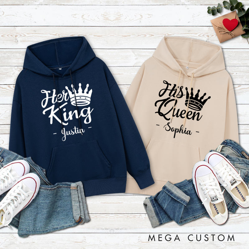 Personalized Couple Her King and His Queen with Crown Hoodie Couple Valentine's Day Sweatshirt for Boyfriend Girlfriend Husband Wife