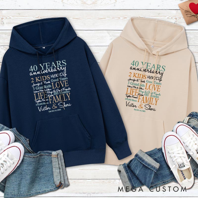 Personalized 40 Years Anniversary Life & Family Celebration Hoodie Husband Wife 40th Anniversary Outfit with Family Name for Her Him