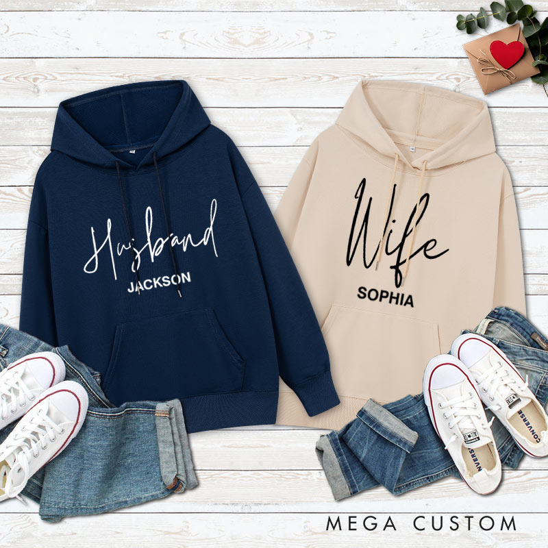 Personalized Couple Husband and Wife Hoodie with Name Couple Valentine's Day Sweatshirt for Husband Wife Hubby Wifey