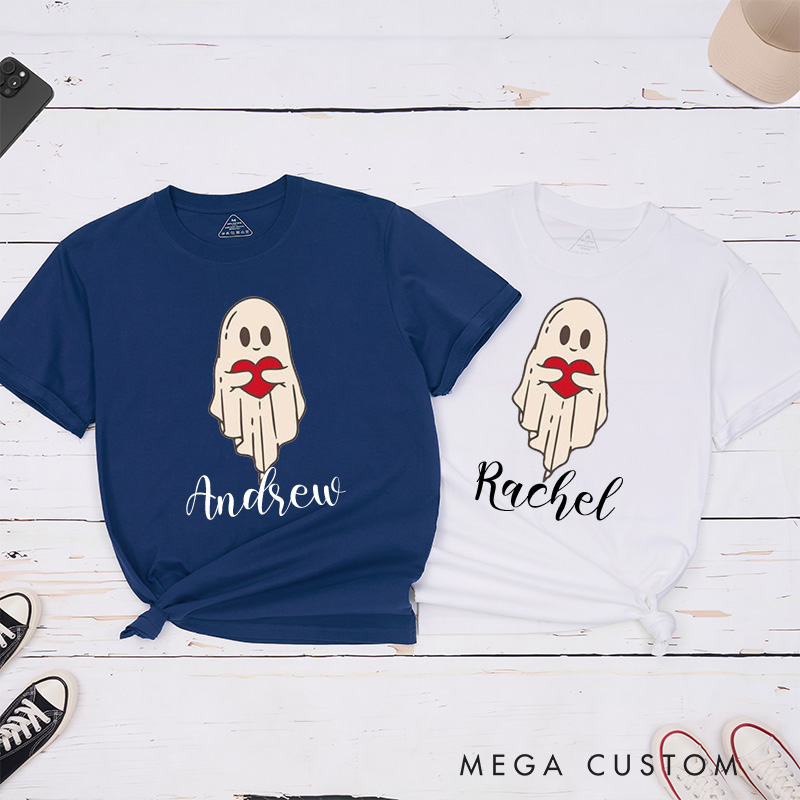 Personalized Couple Ghost Holding Heart Matching T-Shirt Valentine's Day Hubby and Wifey T-Shirt for Husband Wife Boyfriend Girlfriend Gift