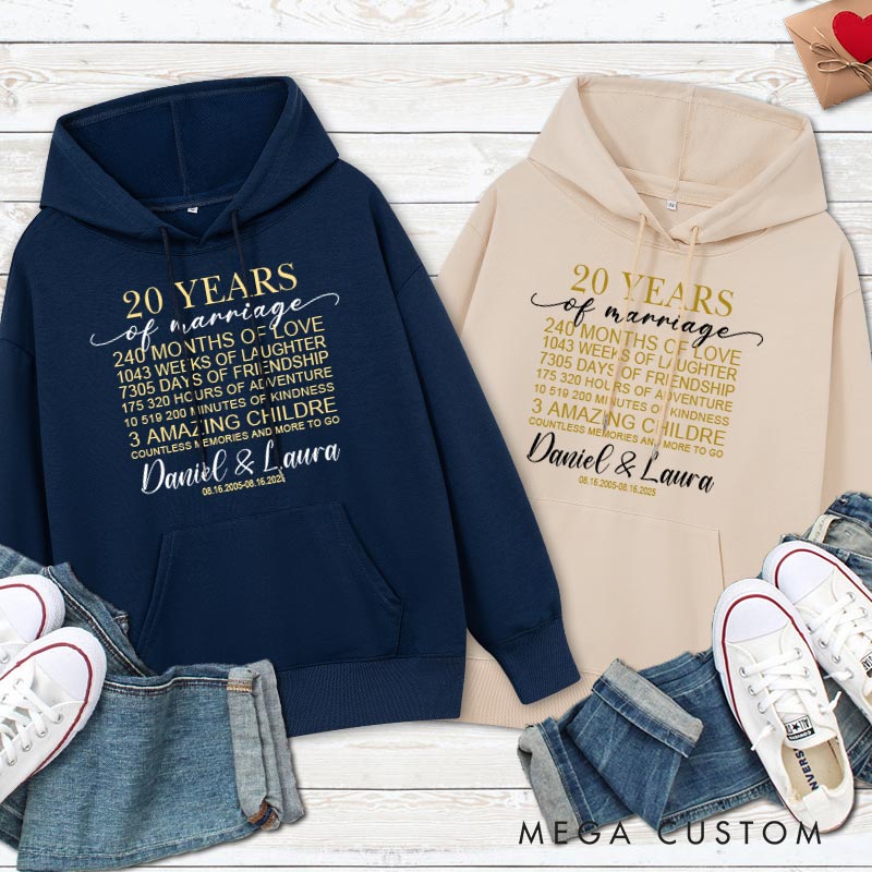 Personalized 20 Years of Marriage Milestone Hoodie 20th Anniversary Outfit for Husband Wife Couple Anniversary Marriage Milestone Hoodie