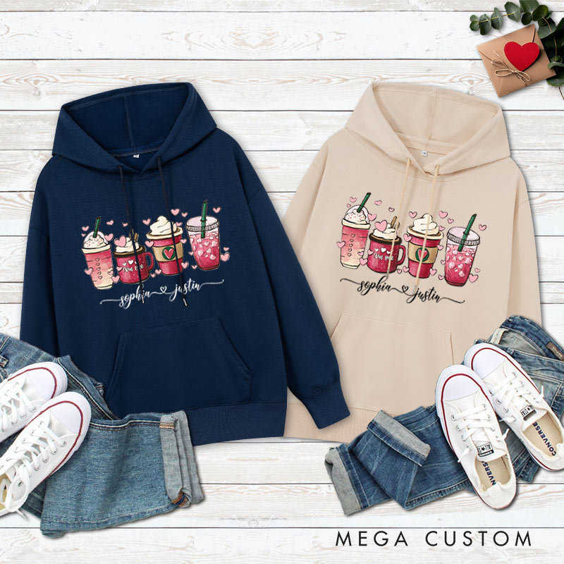 Personalized Couple Pink Heart Coffee Hoodie with Name Couple Valentine's Day Sweatshirt for Husband Wife Boyfriend Girlfriend