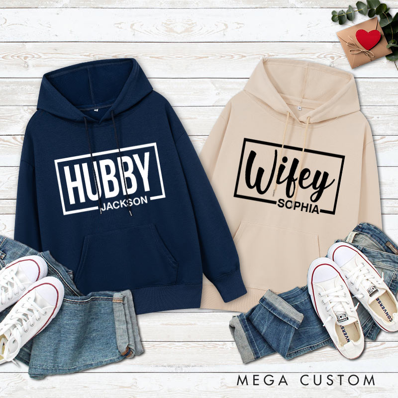 Personalized Couple Hubby and Wifey Matching Hoodie with Name Couple Valentine's Day Sweatshirt for Husband Wife Hubby Wifey