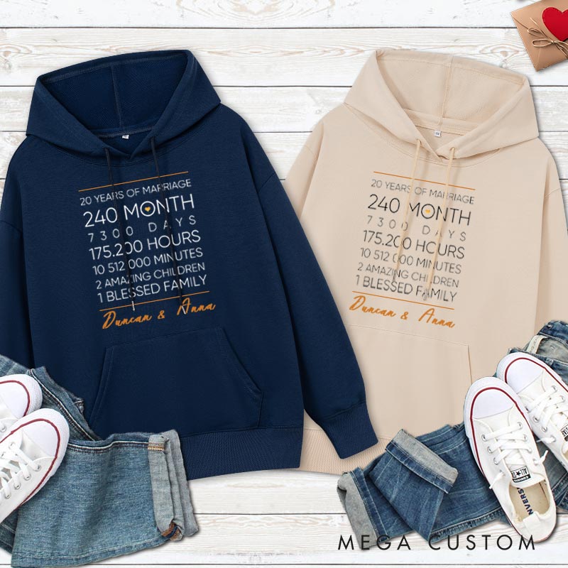 Personalized 20 Years of Marriage Milestone Hoodie Causal Husband Wife Hoodie for Her Him Couple 20th Anniversary Outfit