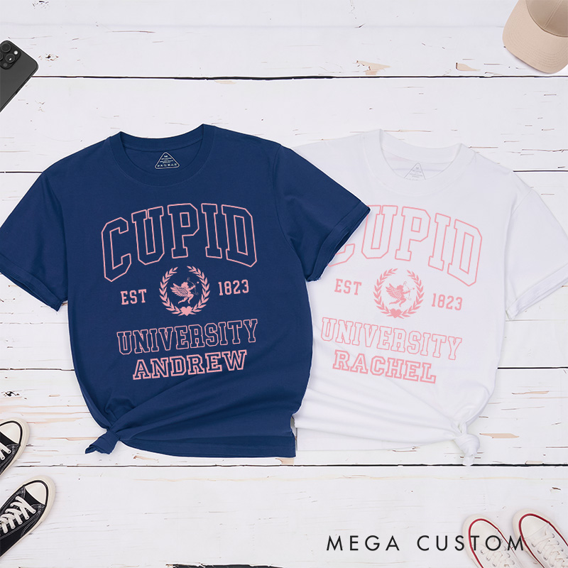Personalized Couple Cupid University Matching T-Shirt Valentine's Day Hubby and Wifey T-Shirt for Husband Wife Boyfriend Girlfriend Gift