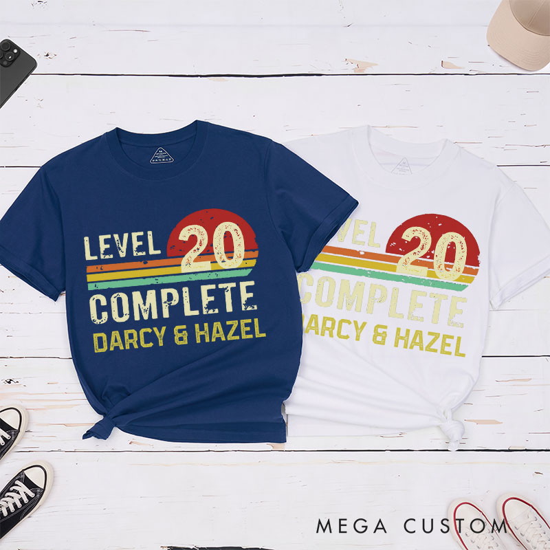 Personalized Couple 20th Anniversary T-Shirt LEVEL 20 COMPLETE Anniversary T-Shirts Sunset Couple Gift Tees for Wife Husband 