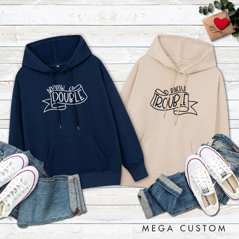 Personalized Couple Double and Trouble Valentine's Day Hoodie with Name Couple Sweatshirt for Boyfriend Girlfriend Husband Wife