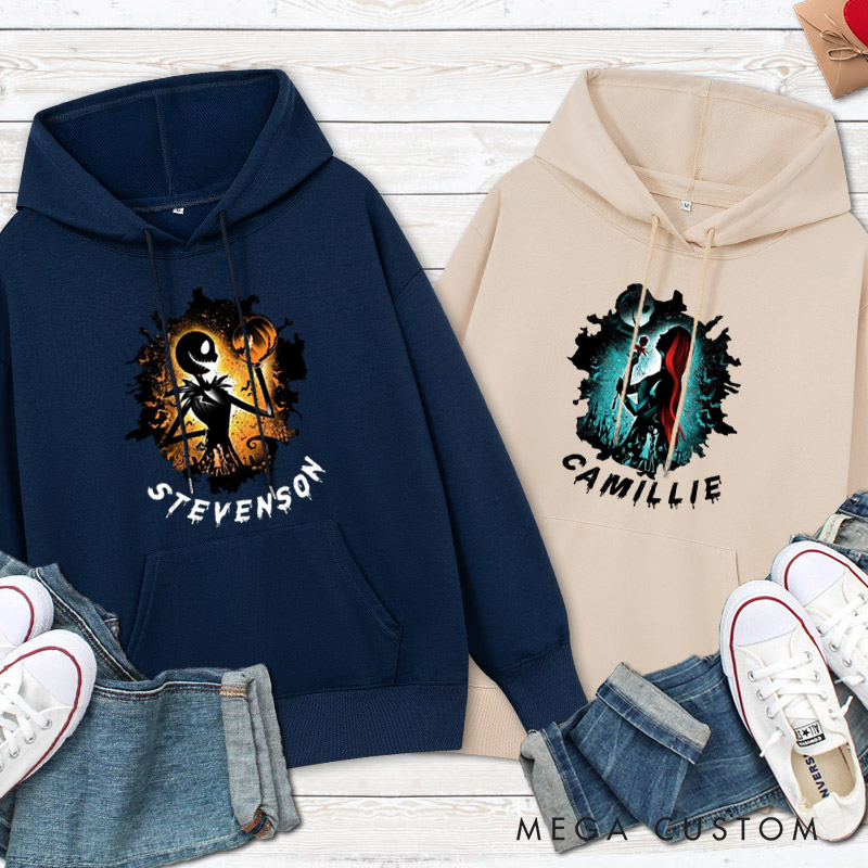 Personalized Halloween Couple Silhouette Design with Spooky Art Style Couple Hoodie