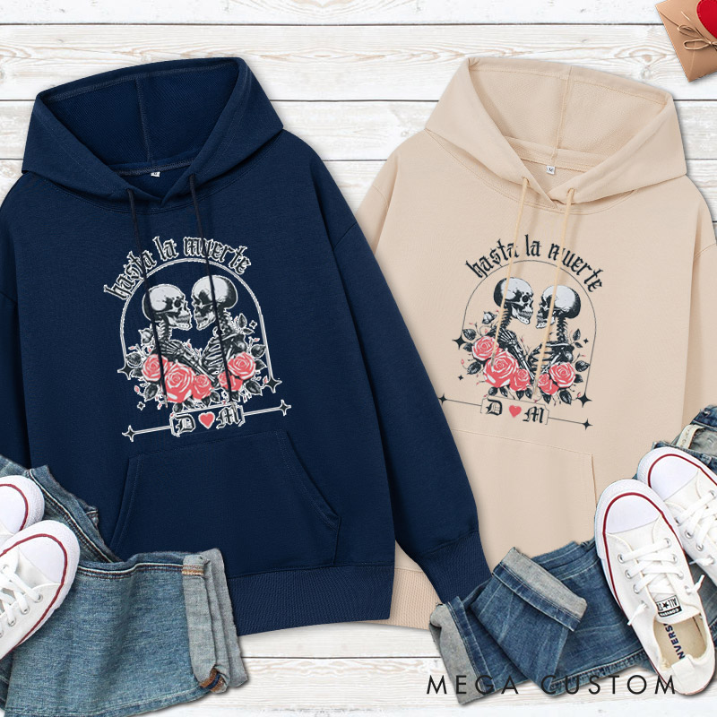 Personalized Hasta La Muerte Skeleton Couple with Roses Halloween Couple Hoodie