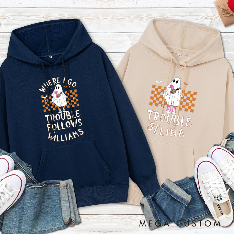 Personalized Where I Go Trouble Follows Ghost with Checkered Background Couple Hoodie