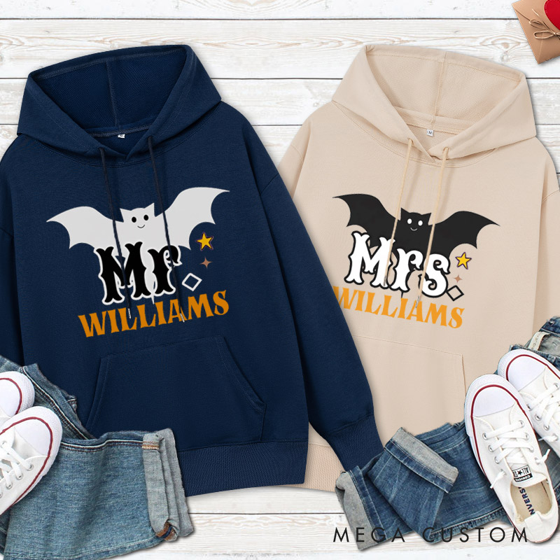 Personalized Mr and Mrs Bat Design with Halloween Theme Couple Hoodie