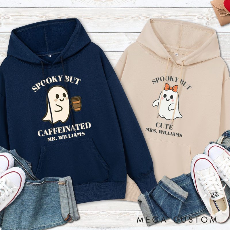 Personalized Spooky but Caffeinated and Spooky but Cute Ghost Halloween Couple Hoodie