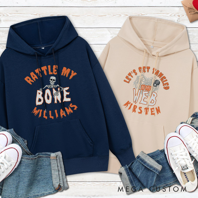 Personalized Rattle My Bone and Let's Get Tangled in My Web Halloween Couple Hoodie