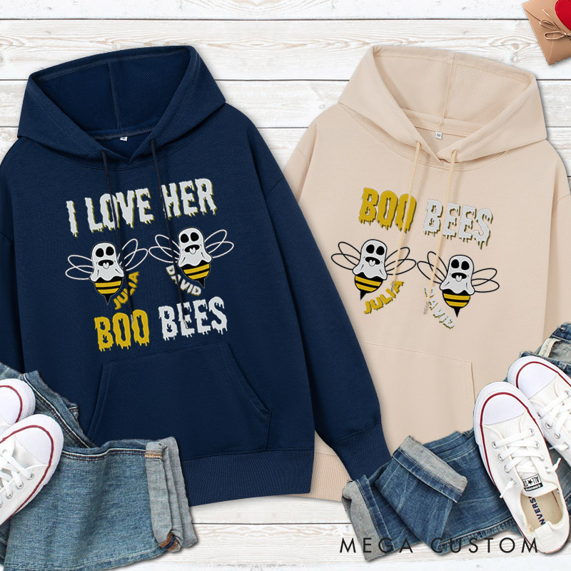 Personalized I Love Her Boo Bees and Boo Bees Halloween Couple Hoodie