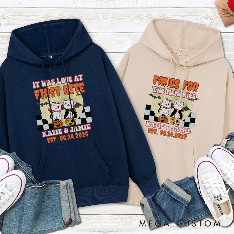 Personalized Love at First Bite and Fangs for the Memories Cat Couple Halloween Couple Hoodie