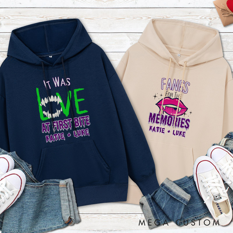 Personalized Love at First Bite & Fangs for the Memories Halloween Couple Hoodie