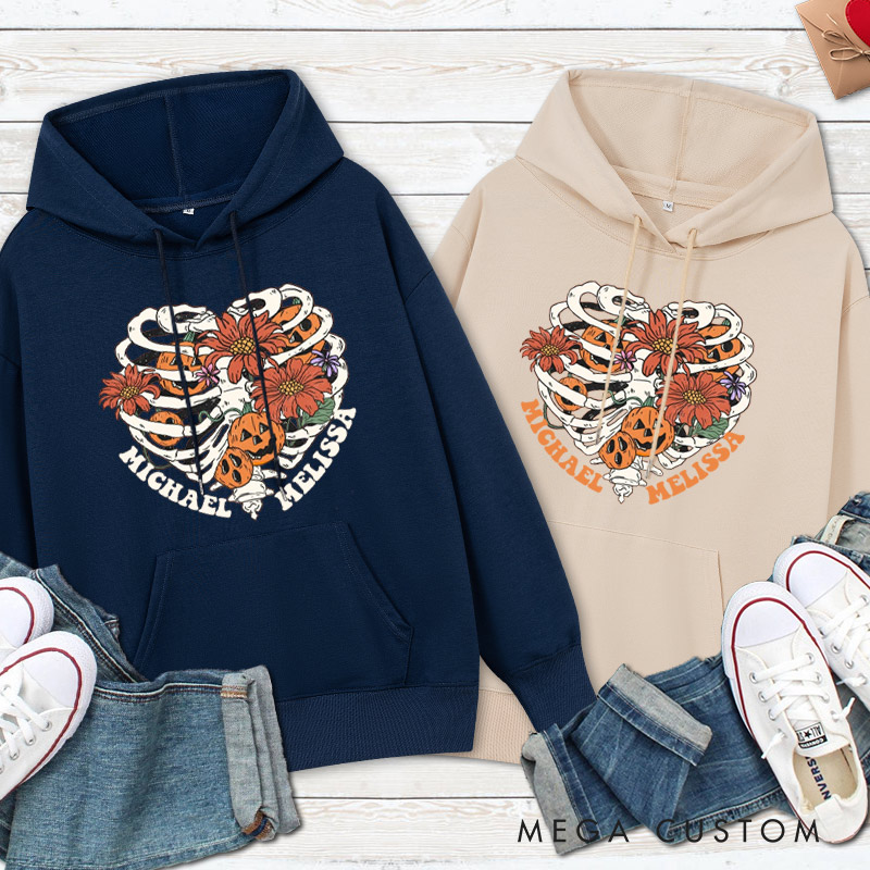 Personalized Floral Skeleton Ribcage with Pumpkins Halloween Couple Hoodie