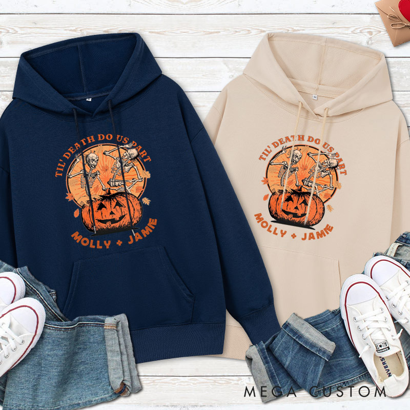 Personalized Til Death Do Us Part Pumpkin Skeleton Couple Halloween Couple Hoodie