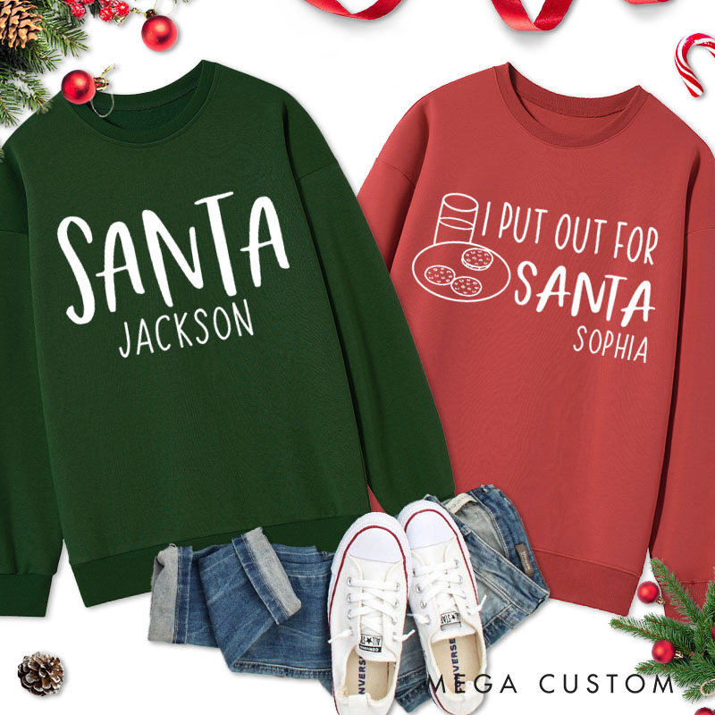 Personalized Couple Santa and I Put Out for Santa Christmas Sweatshirt Couple Xmas Matching Crewneck Sweatshirt for Husband Wife Boyfriend Girlfriend